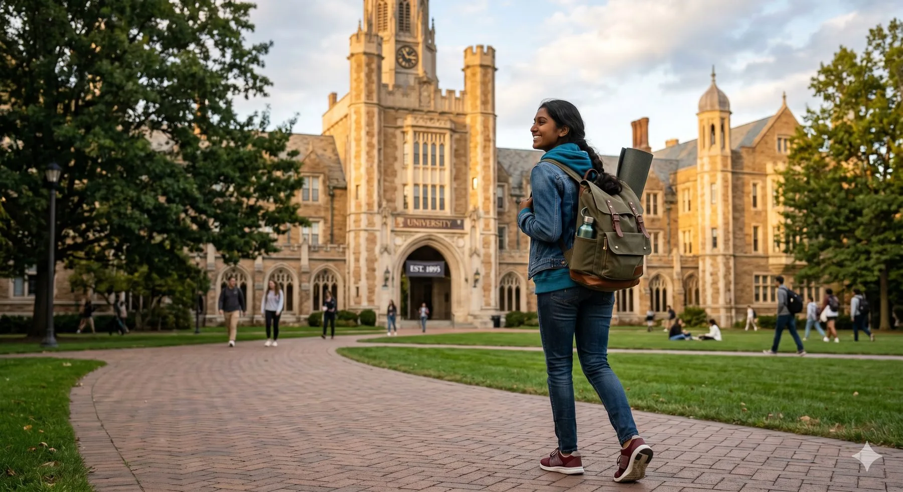 A student walking across a university campus toward the main building